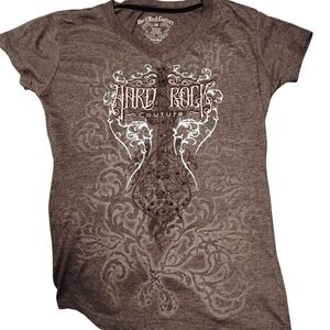 Hard Rock Couture Gray V-Neck Ornamental Graphic Tee